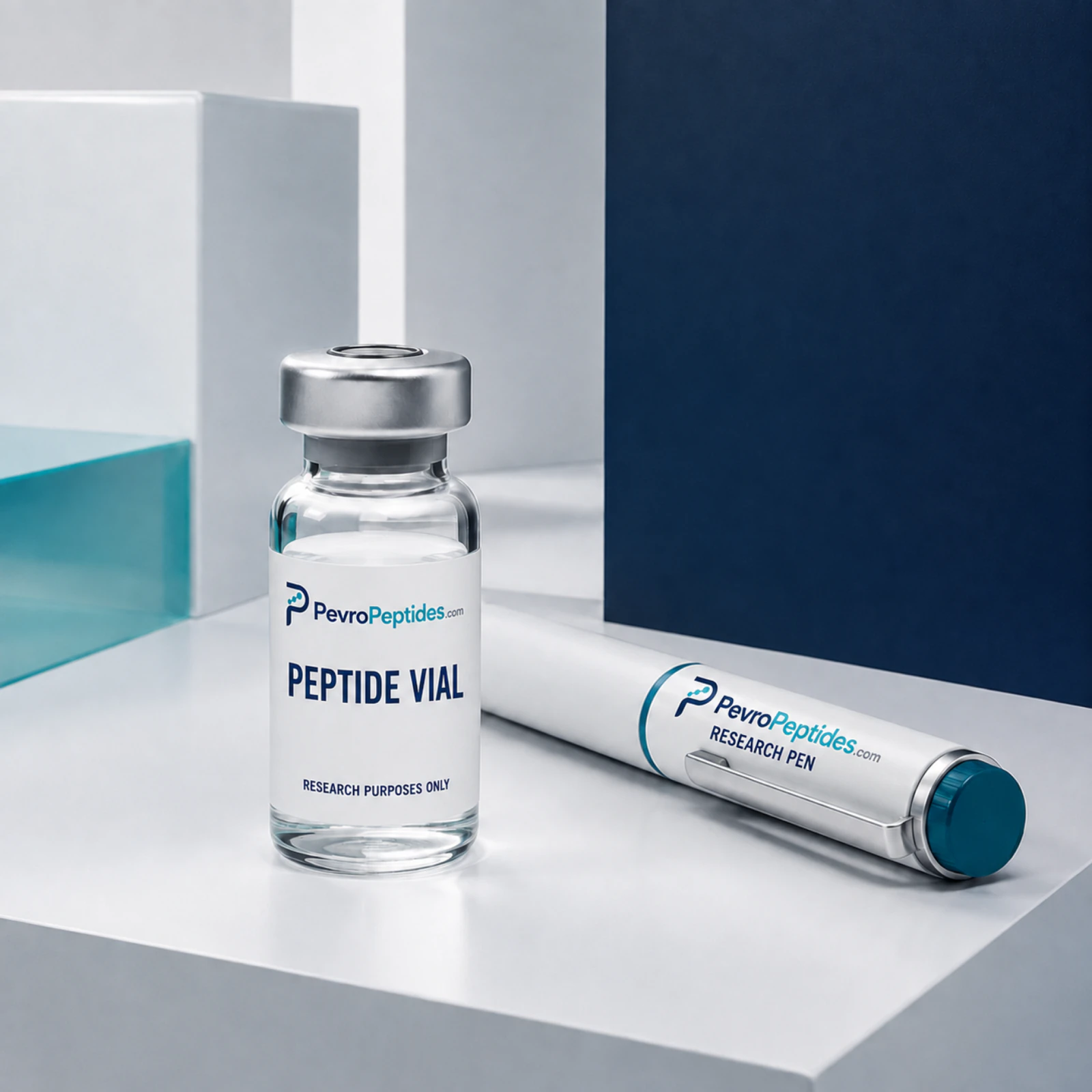 PevroPeptides peptide vial and research pen on a navy, teal and white studio set