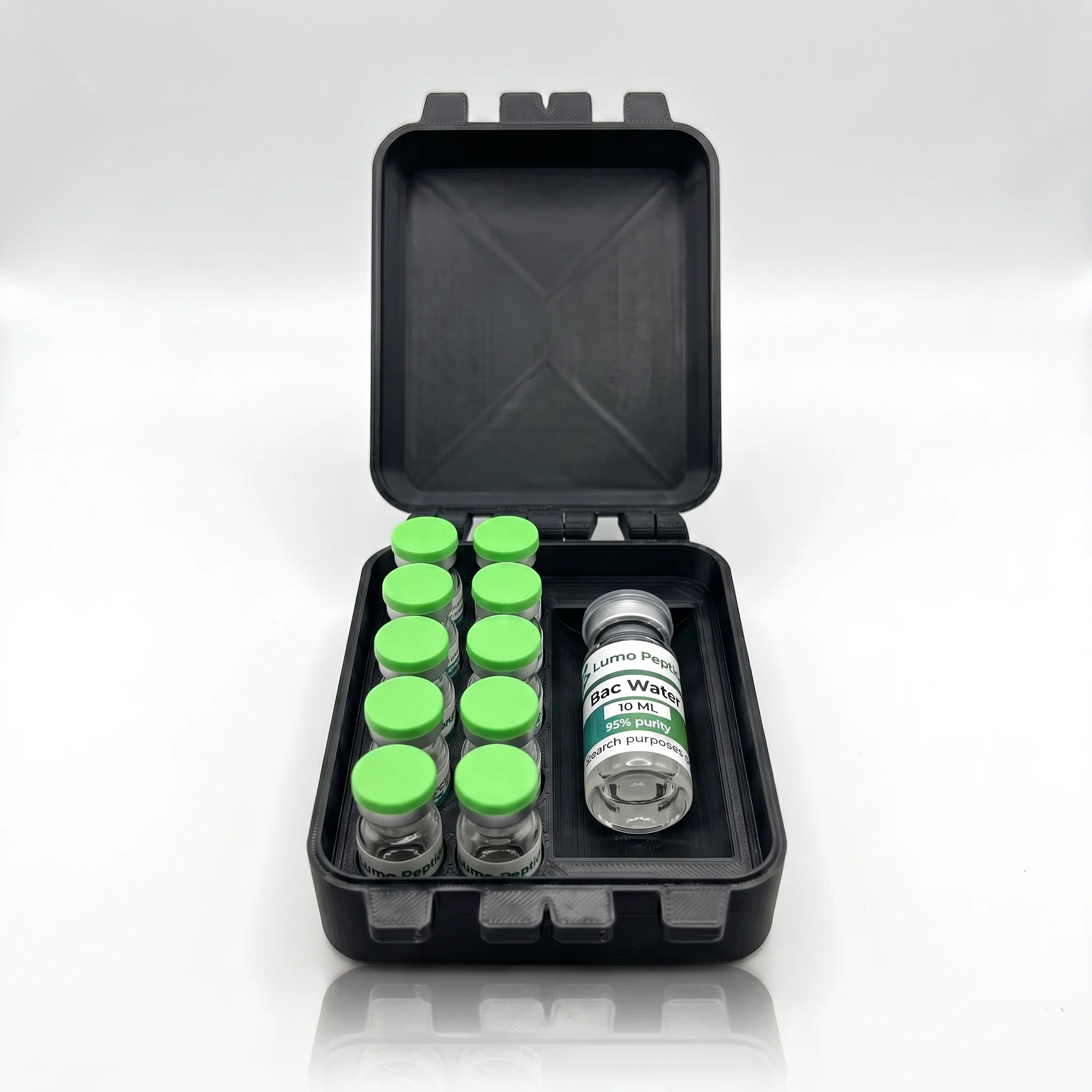 zwart-mini-3-met-spullen-hf.png Peptide Bewaarkoffer Compact — 10 vials + BAC-vak - Image 1